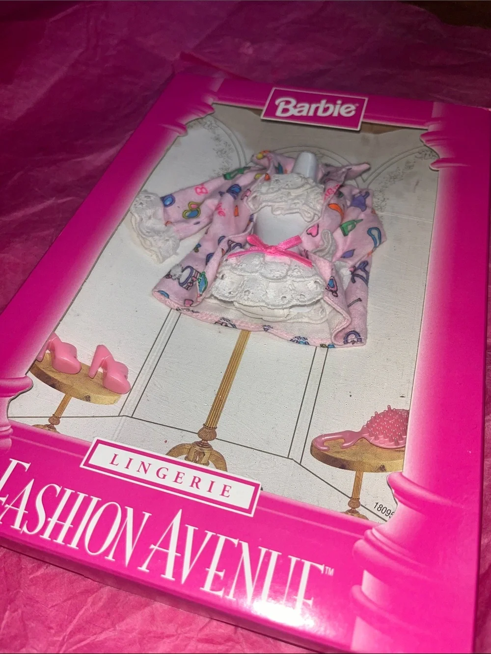 Mattel Barbie Pink Printed Robe with White Lace Lingerie Set